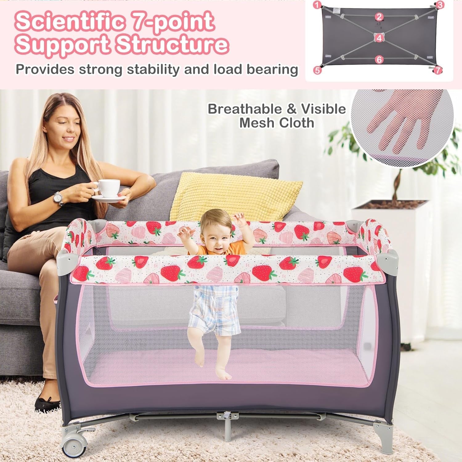 4in1 Baby Travel Cot Foldable Crib with Mattress, Changer & Storage Strawberry
