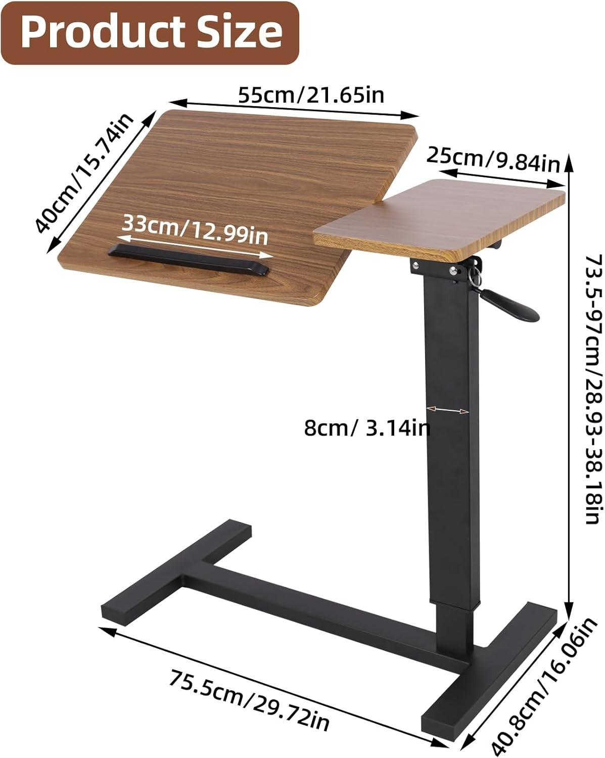 Brown Overbed Table Adjustable Height C Shape Rolling Laptop Desk