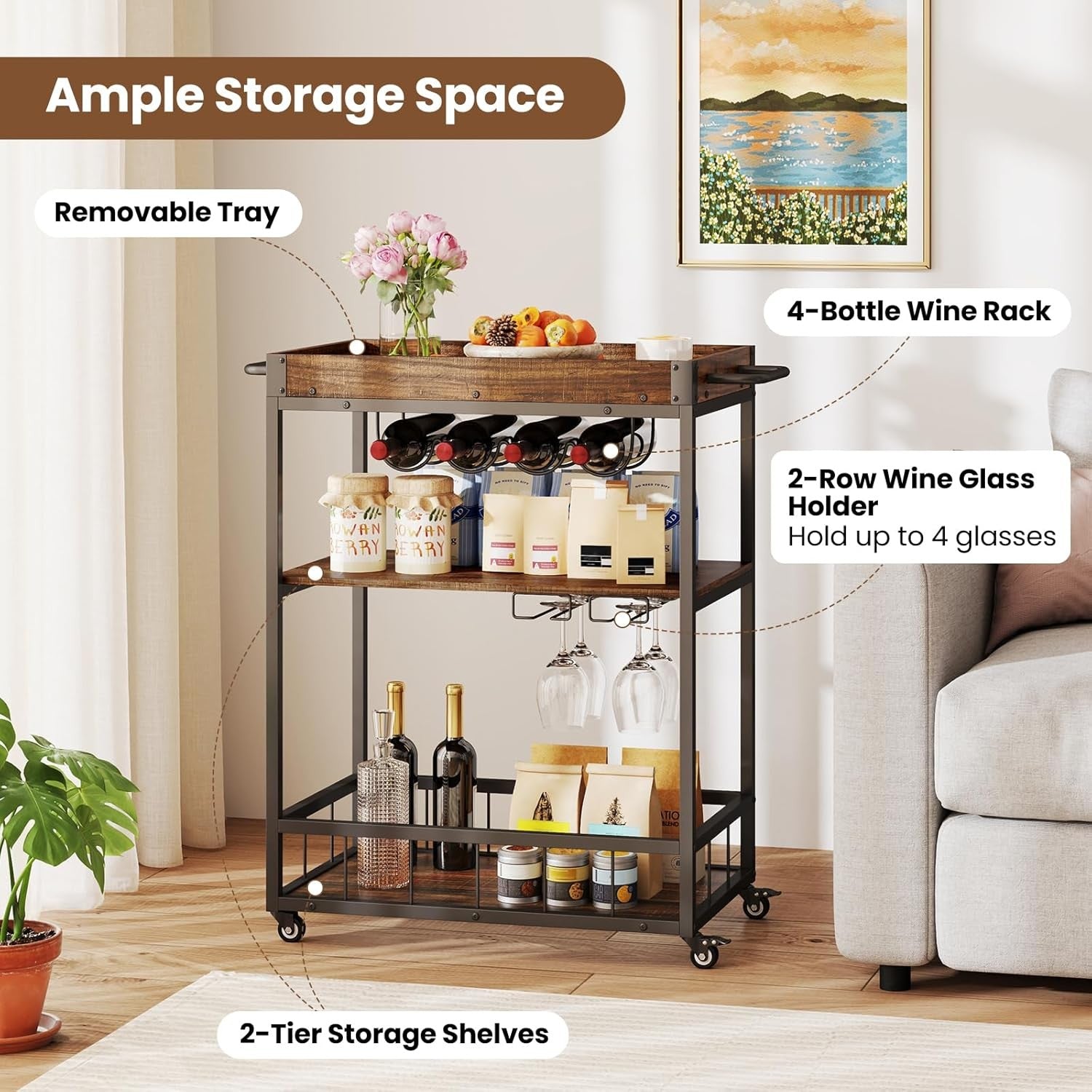3 Tier Kitchen Trolley Rolling Bar Cart Wine Rack Serving Cart Wheels