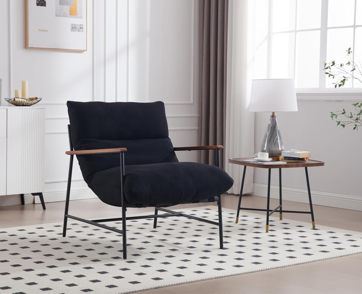 Black Faux Fur Lounge Chair Modern Accent Armchair for Living Room