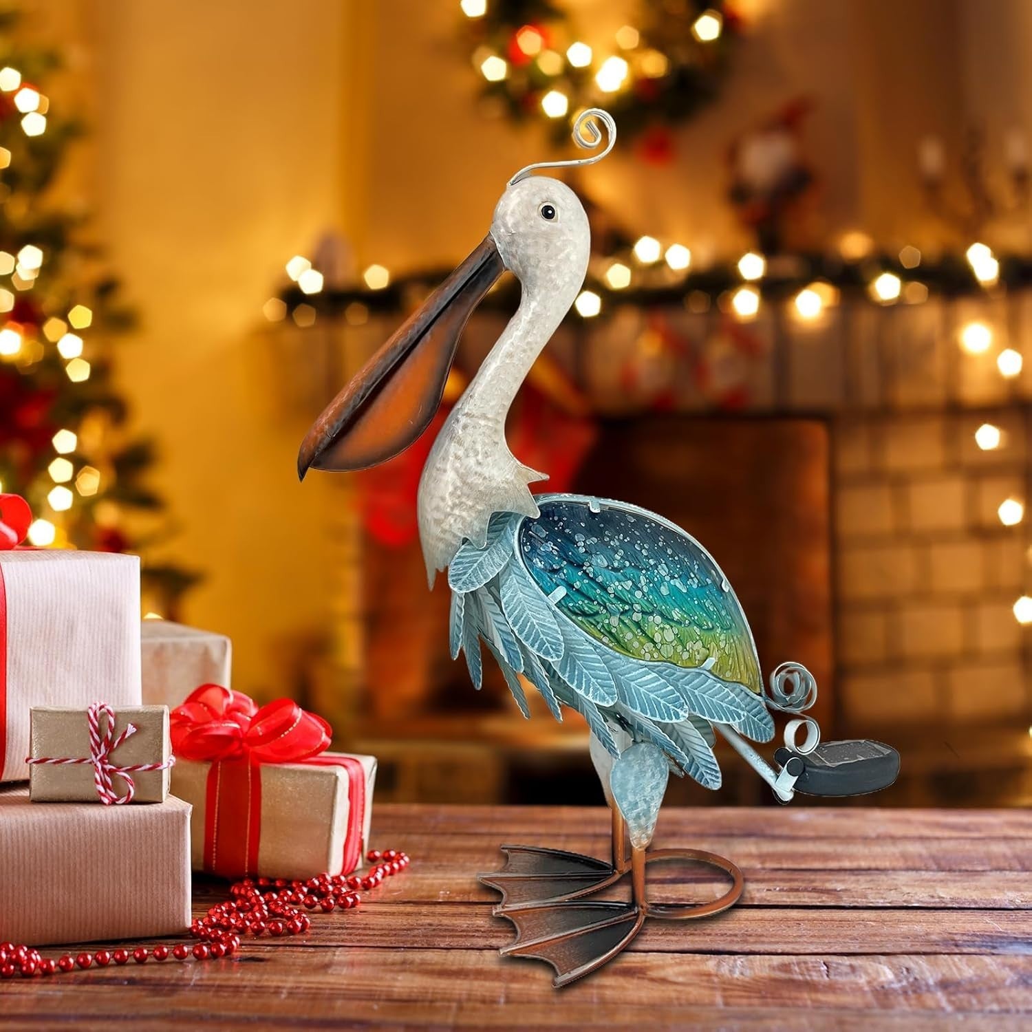 Solar Metal Pelican Garden Ornament LED Light Outdoor Coastal Decor 19"