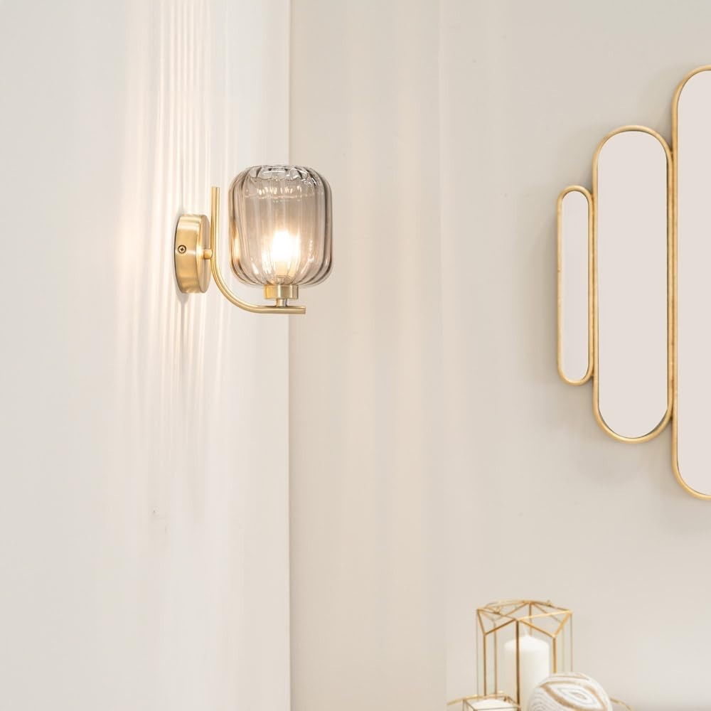Gold Art Deco Wall Lights Pair Ribbed Glass Shade Modern Vintage Sconce