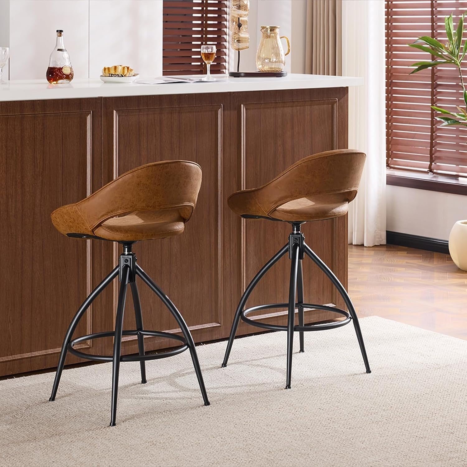 360° Swivel Bar Stools Set of 2 | Brown PU Leather Counter Chairs w/ Back