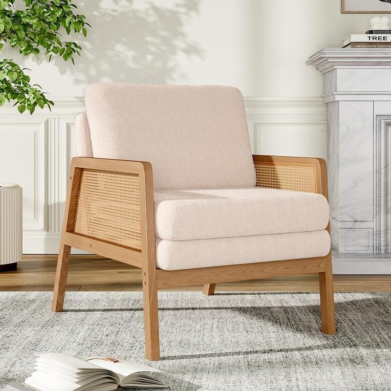 White Teddy Fleece Rattan Armchair Lounge Chair Modern Wood Accent Seat