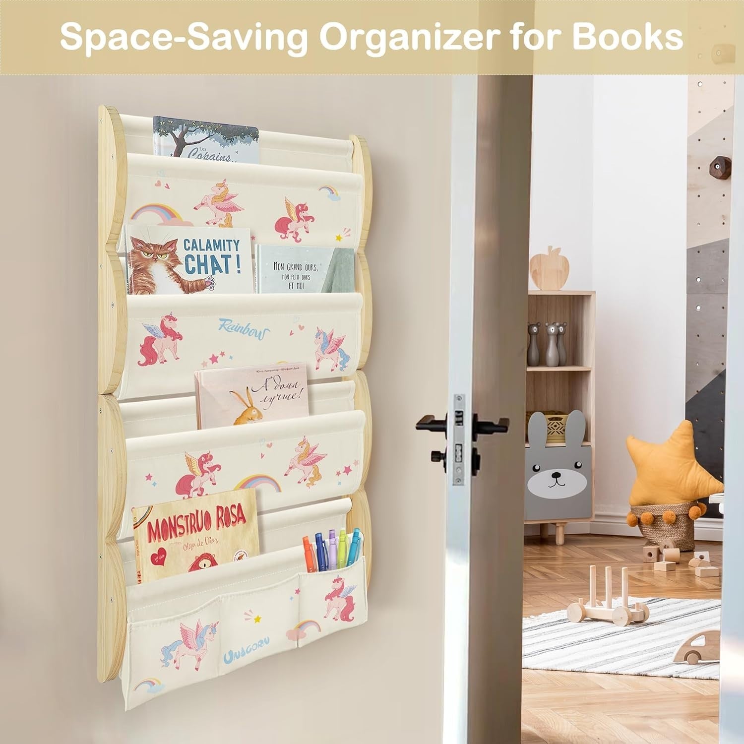 Kids Wall Mounted Bookshelf 4 Tier Floating Shelf with Pockets – Unicorn