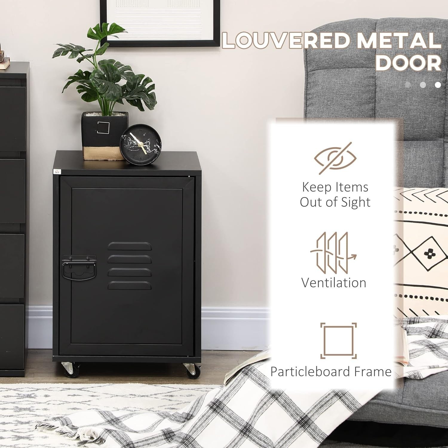 Black Rolling Filing Cabinet 55cm Metal Door Mobile Office Storage