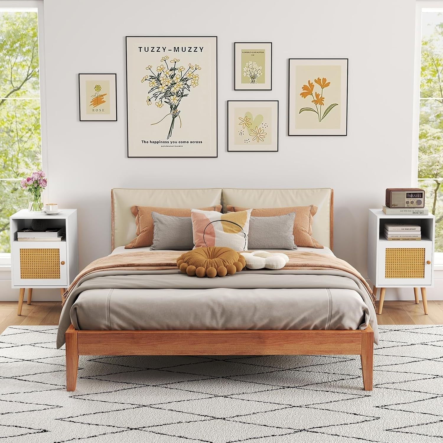 Set of 2 White & Natural Bedside Tables with Rattan Door | Modern Nightstands