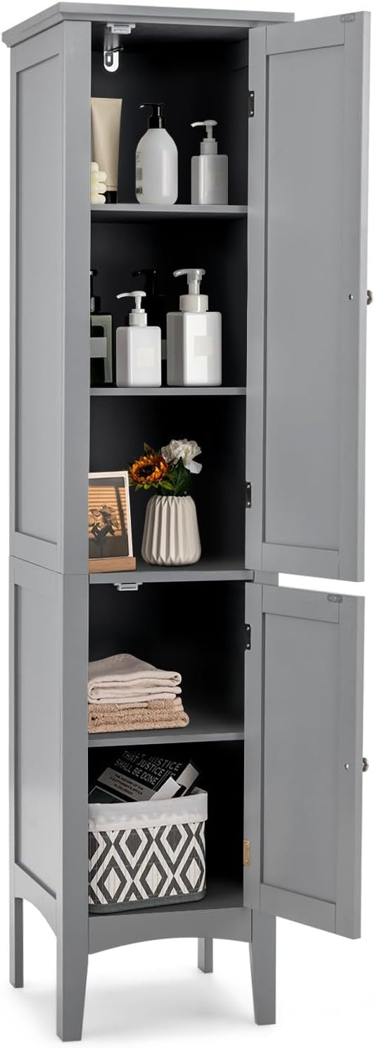 Grey Tall Bathroom Cabinet with 5 Shelves & 2 Doors Slim Storage Unit
