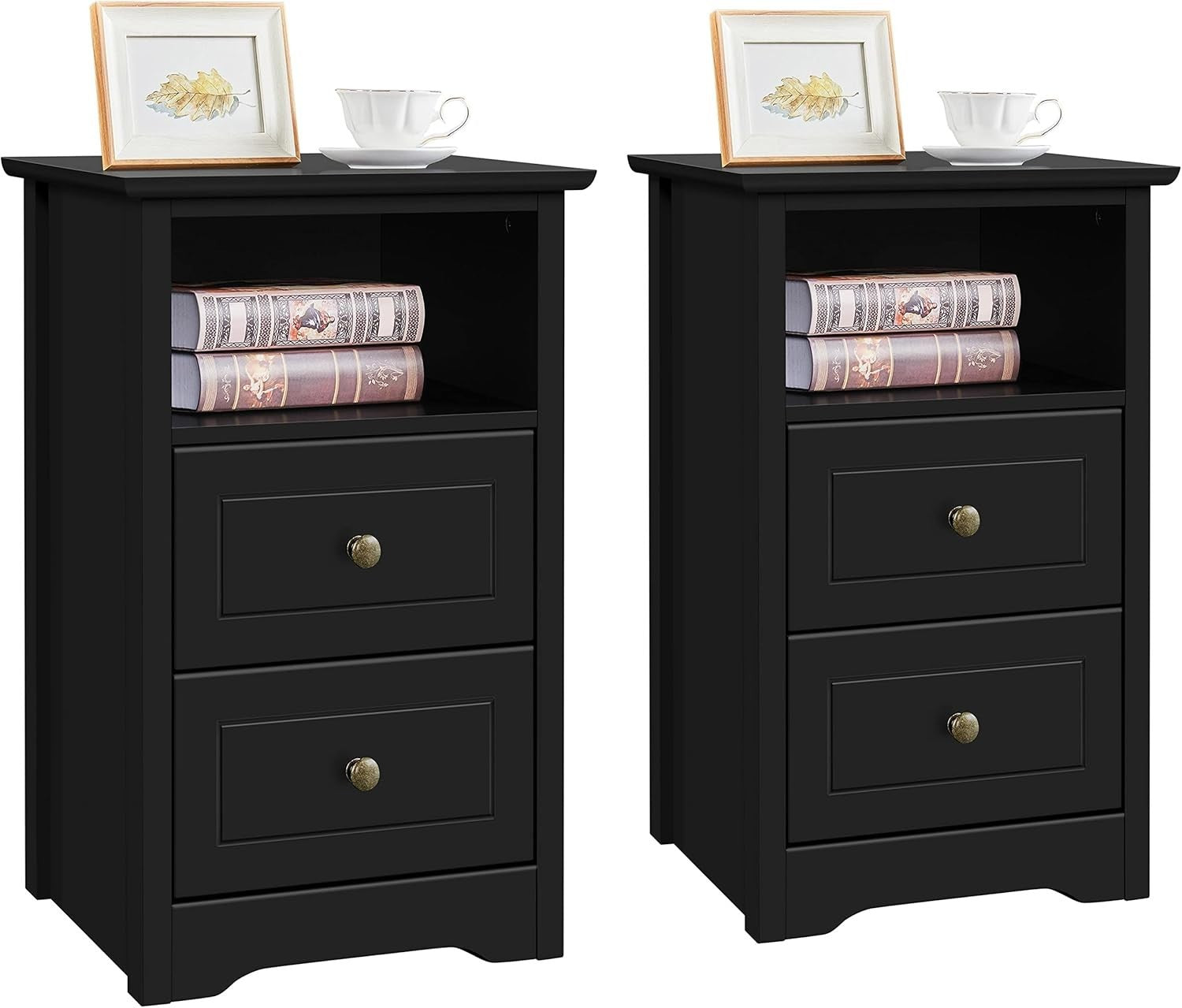 Black Bedside Tables Set of 2 – Wooden Nightstands with Drawers & Shelf