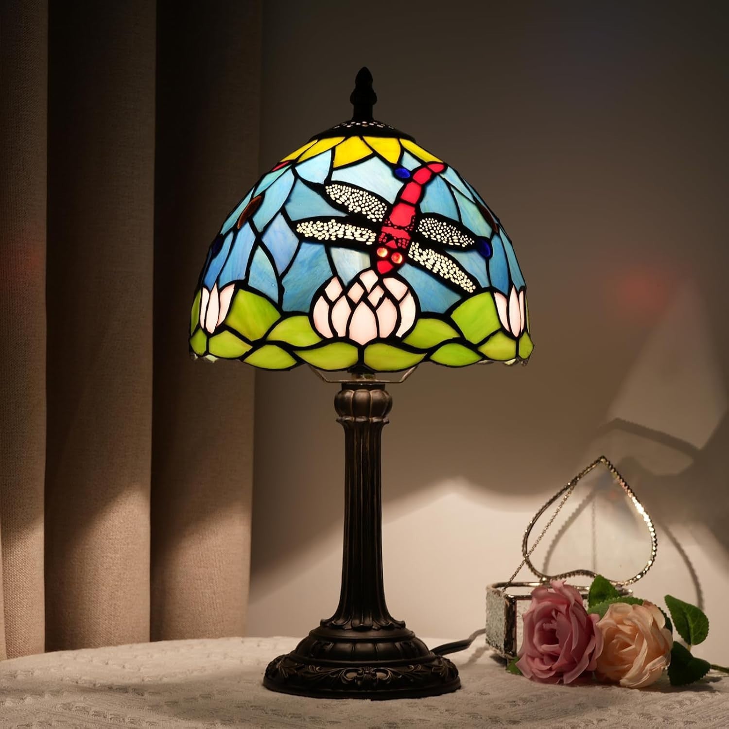 Tiffany Style Stained Glass Table Lamp Dragonfly Lotus Flower Decor
