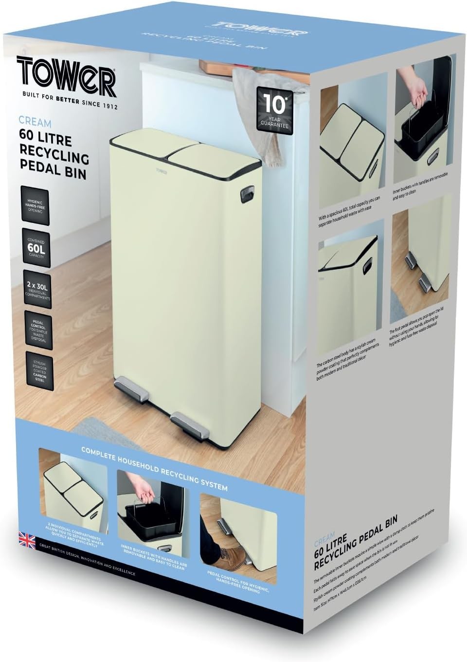 60L Recycling Pedal Bin 2x30L Dual Compartment Cream