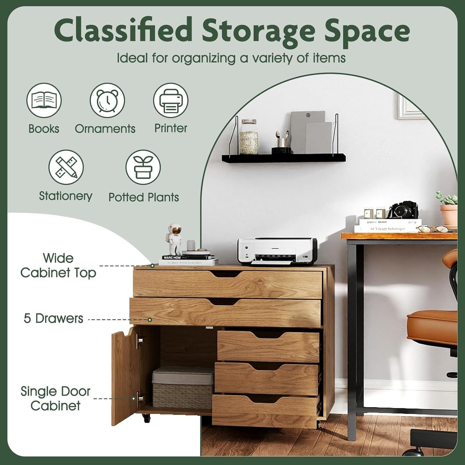 Natural Wood Mobile File Cabinet 77x40x64cm 5 Drawer Printer Stand