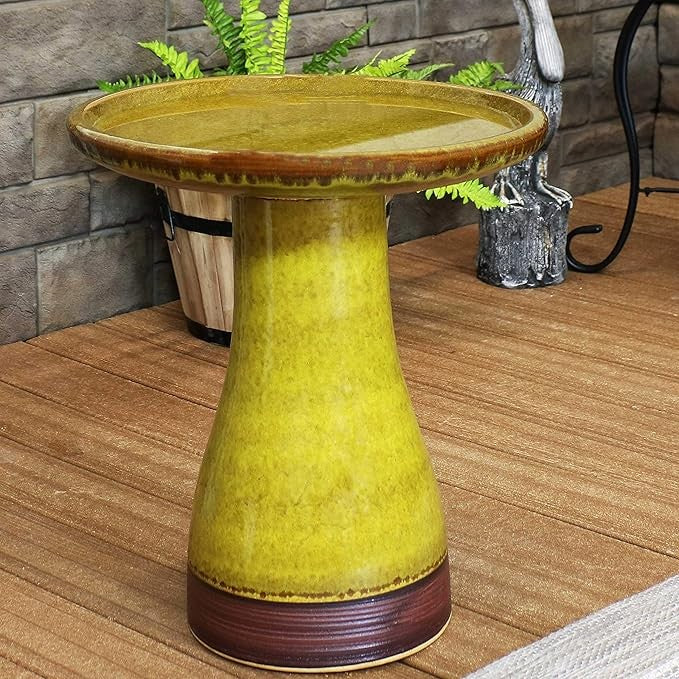 Ceramic Bird Bath Cognac Yellow – Outdoor Garden Bowl Frost-Resistant 21