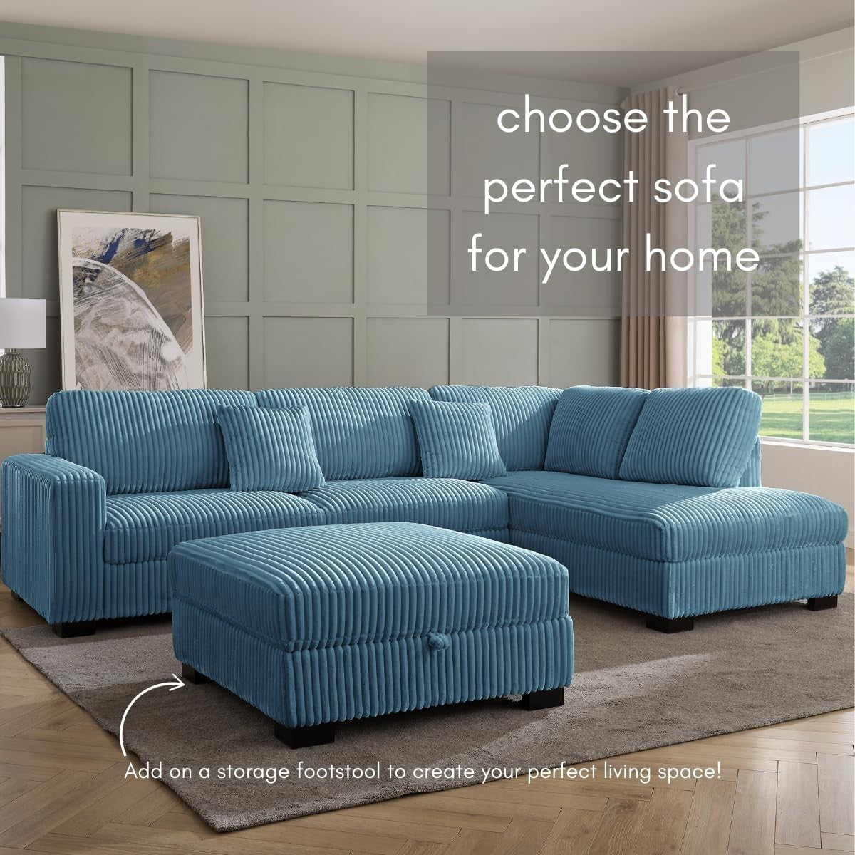 L-Shape Large Corner Sofa 5 Seater Blue Teddy Jumbo Cord Right Hand Facing
