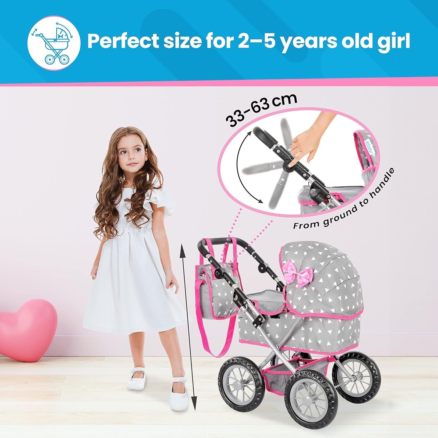 Dolls Pram Toy Pushchair Buggy Adjustable Handle 33-63cm Kids
