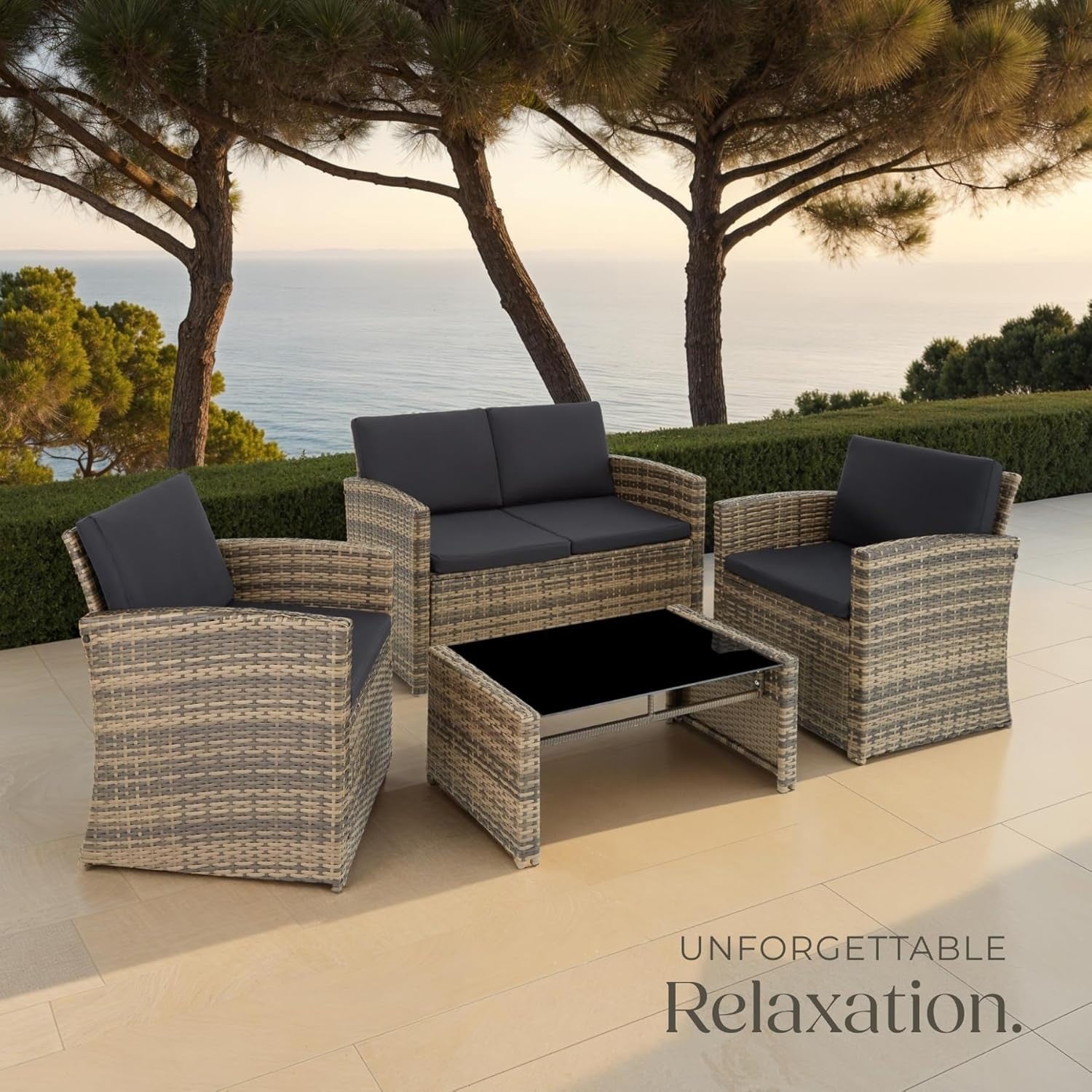 Rattan Garden Sofa Set 4-Seater Outdoor Lounge w/ Cushions & Glass Table