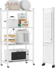 4 Tier Folding Storage Shelving Unit on Wheels Metal Rack Pantry Kitchen