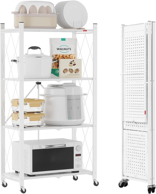 4 Tier Folding Storage Shelving Unit on Wheels Metal Rack Pantry Kitchen