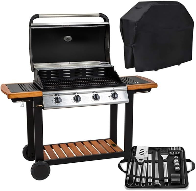 4 Burner Gas BBQ Grill with Side Shelves Heavy Duty Outdoor Garden Party Set