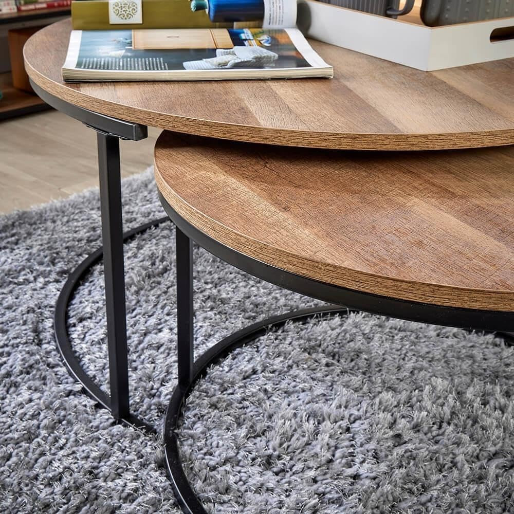 Round Nesting Coffee Tables Set of 2 – Black Metal Frame, Oak Effect, Space