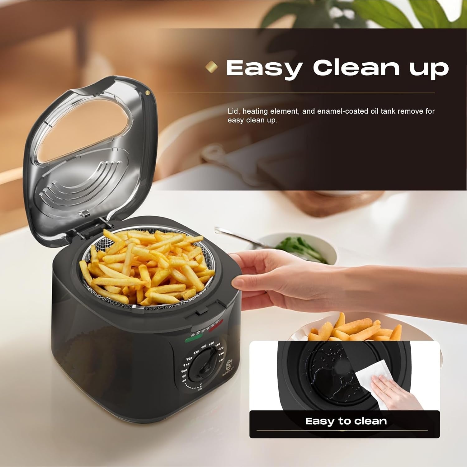 Electric Deep Fat Fryer 2L Mini 1300W Adjustable Temp Viewing Window Black