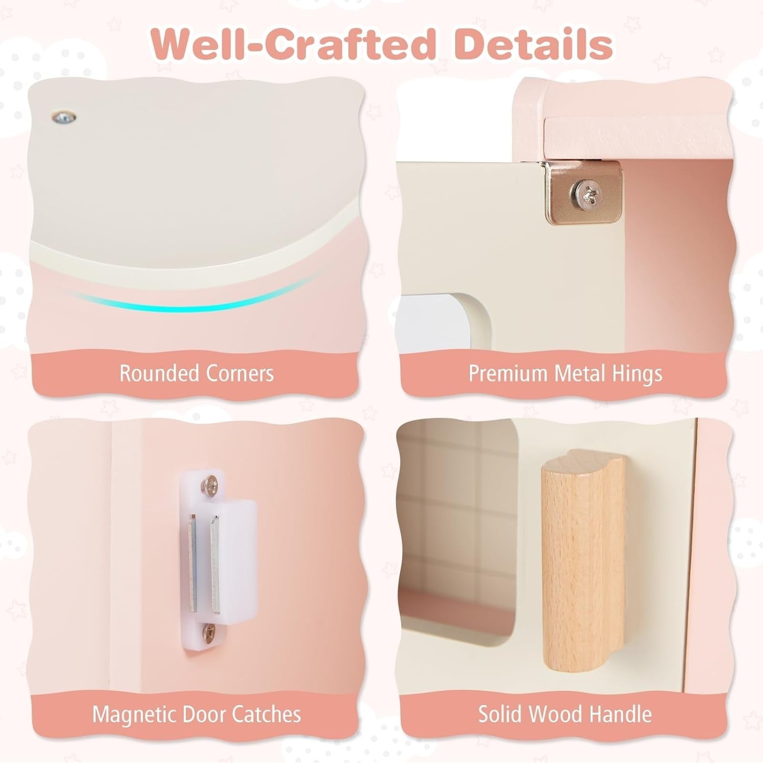 Wooden Kids Play Kitchen Pink Coffee Maker Oven 17PCS Accessories