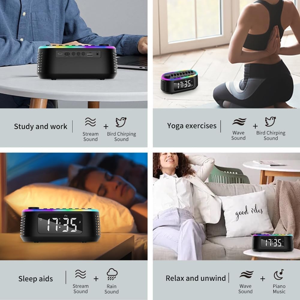 White Noise Machine Bluetooth Speaker Alarm Clock with LED Night Light