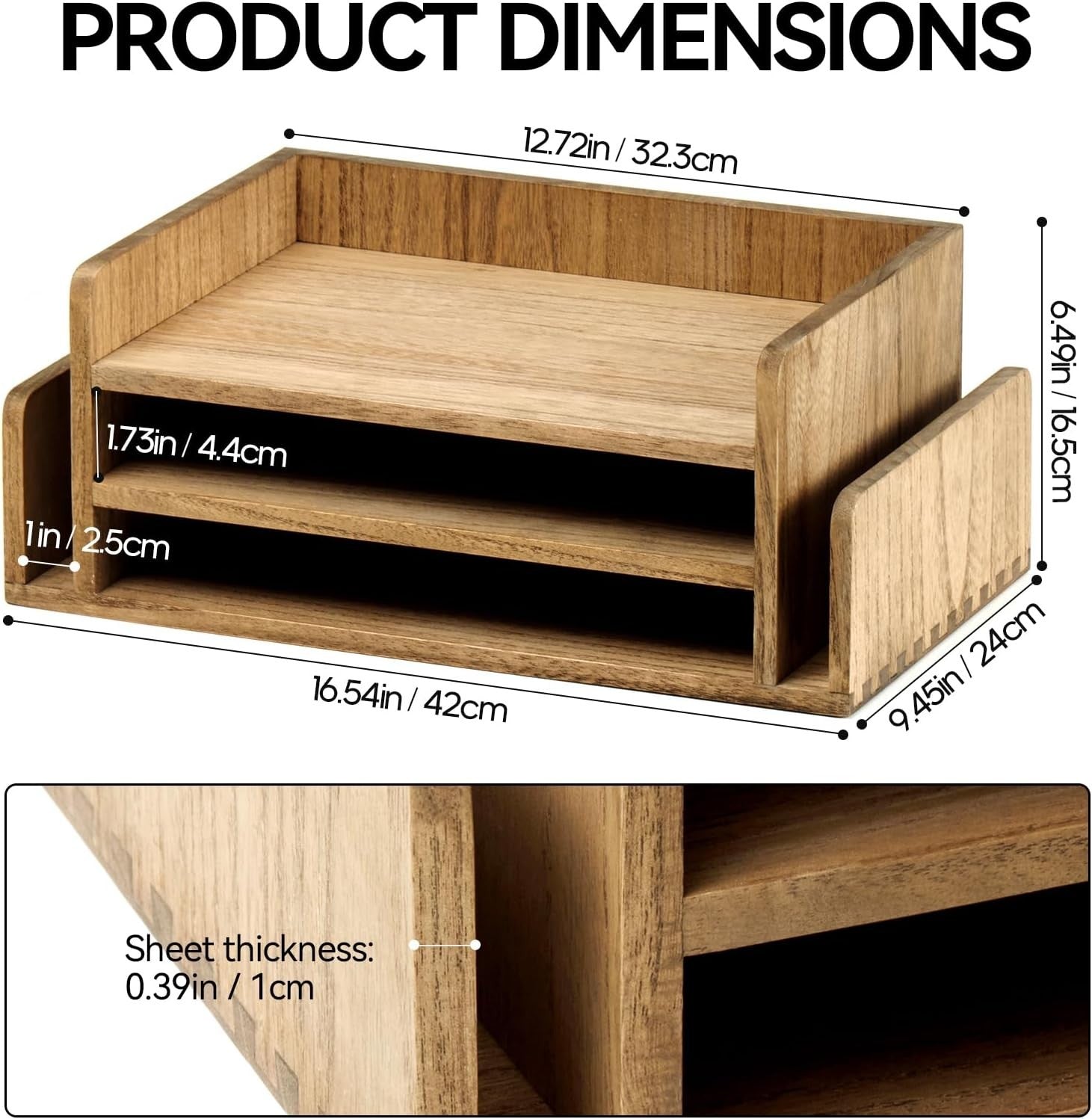 3-Tier Wooden Desk Document Tray Organizer for Mail, Files & Stationery