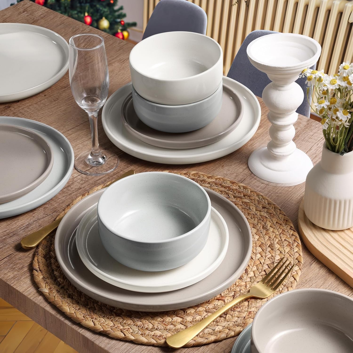 12pc Stoneware Dinnerware Set Plates Bowls Speckled Multicolor for 4