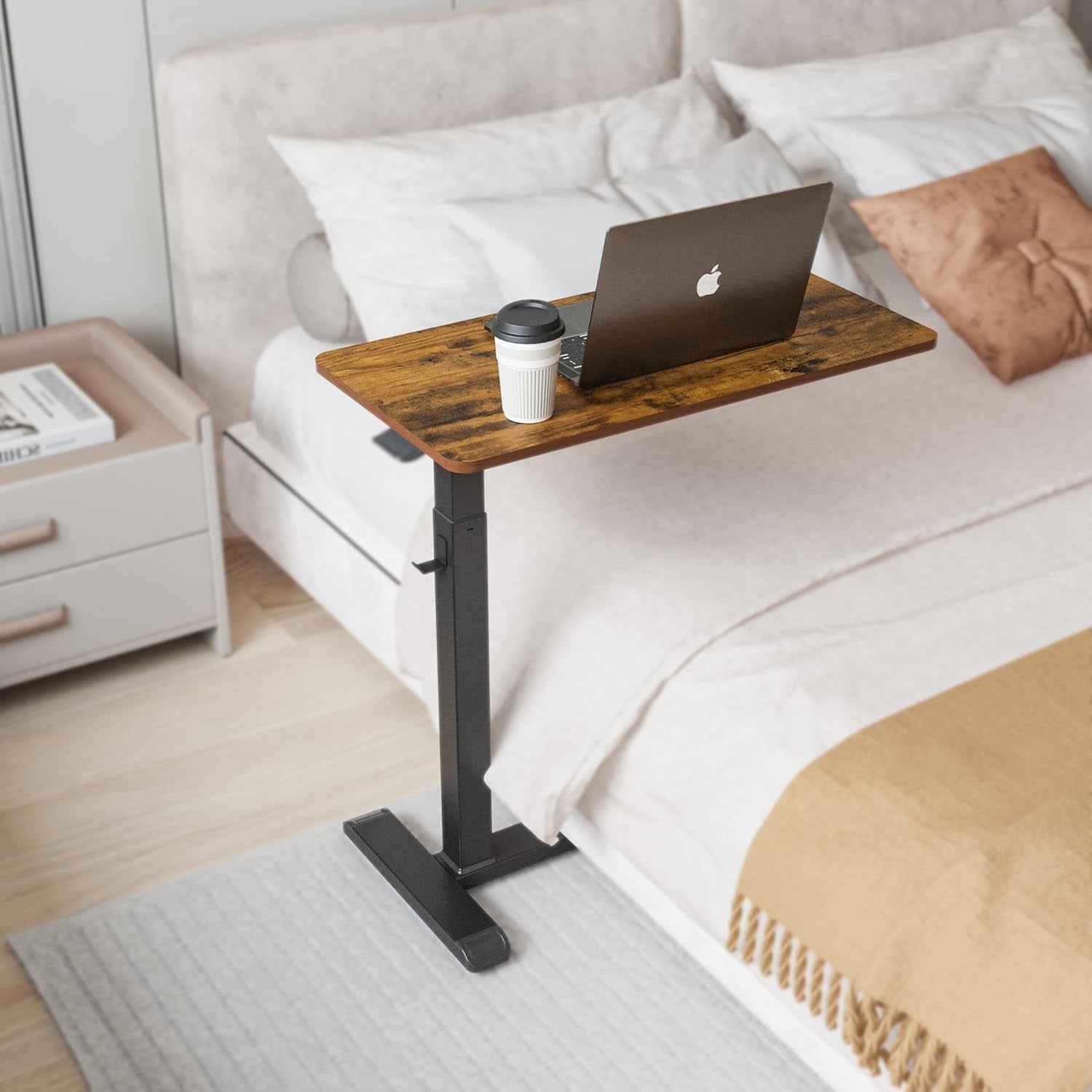 Overbed Table Adjustable Rolling Laptop Desk With Drawer Keyboard Tray Walnut