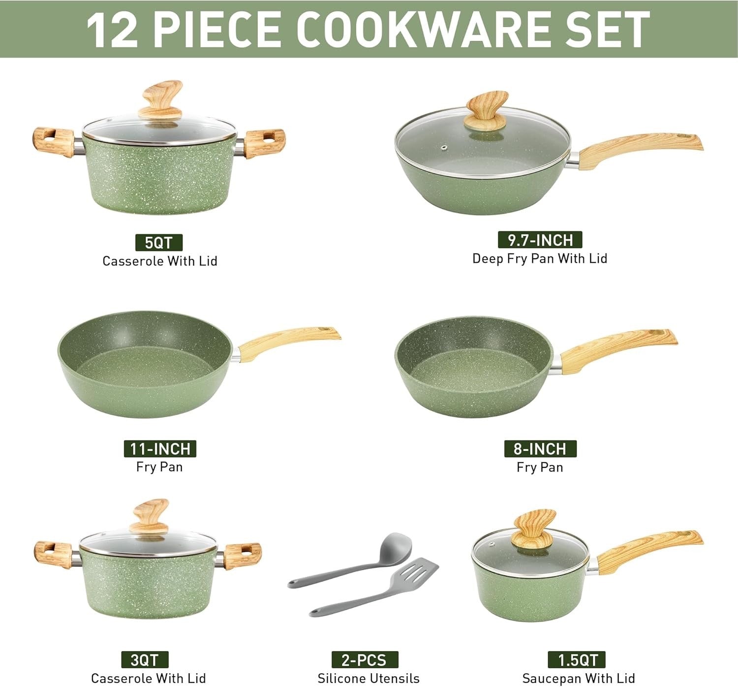12Pcs Green Non Stick Cookware Set Granite Induction Pots and Pans with Lids