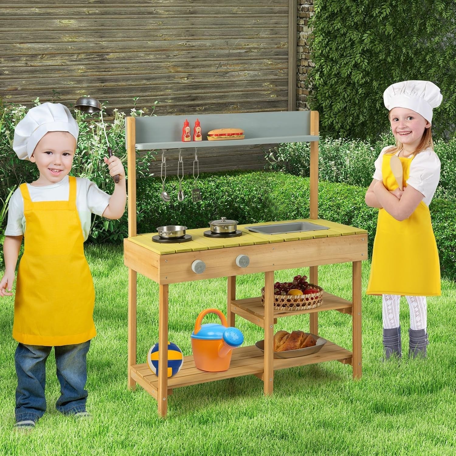 Outdoor Kids Mud Kitchen Wooden Playset Sink Stove Garden Toy