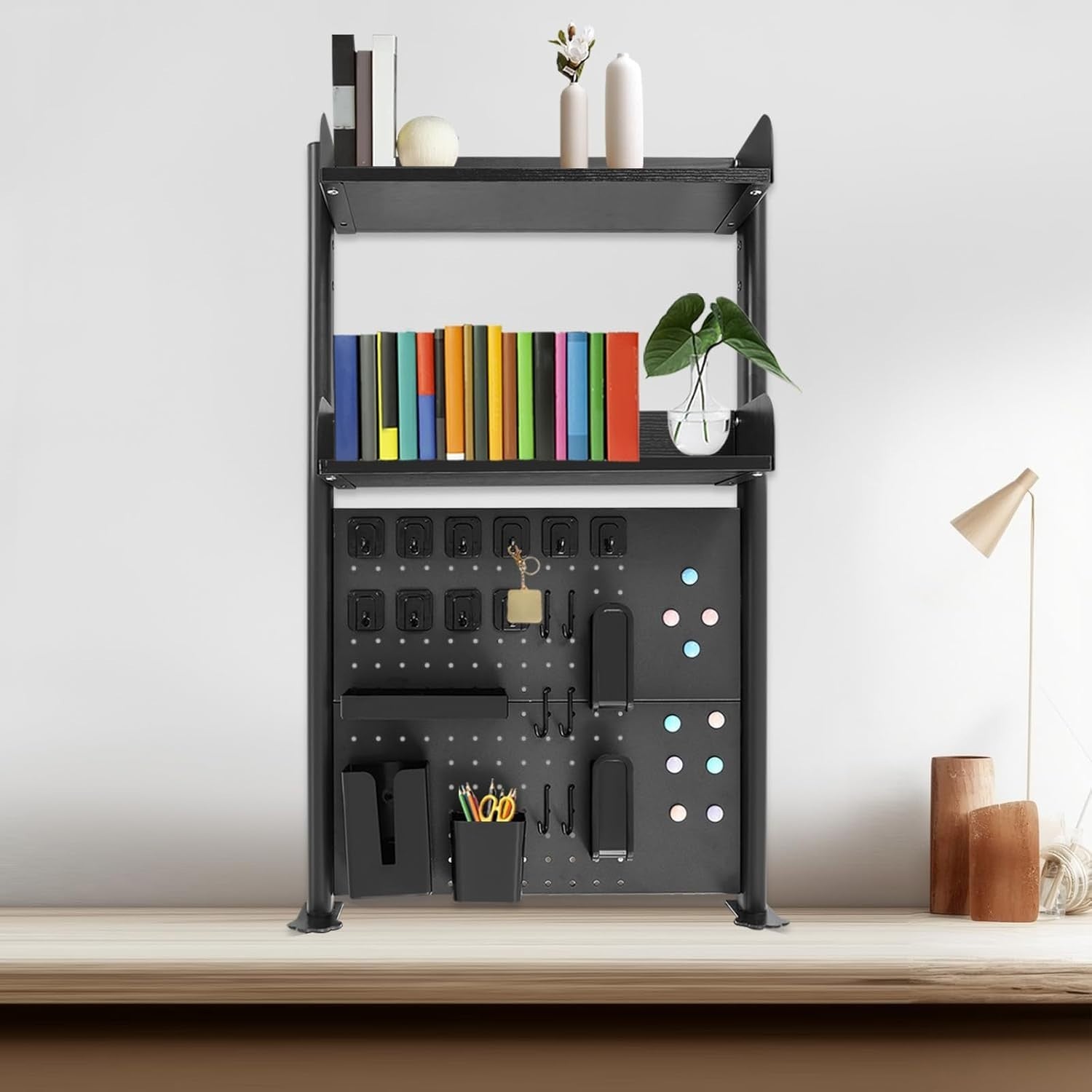 Clamp-On Desk Pegboard 60cm 2-Tier Desktop Organizer Shelf Privacy Panel Black