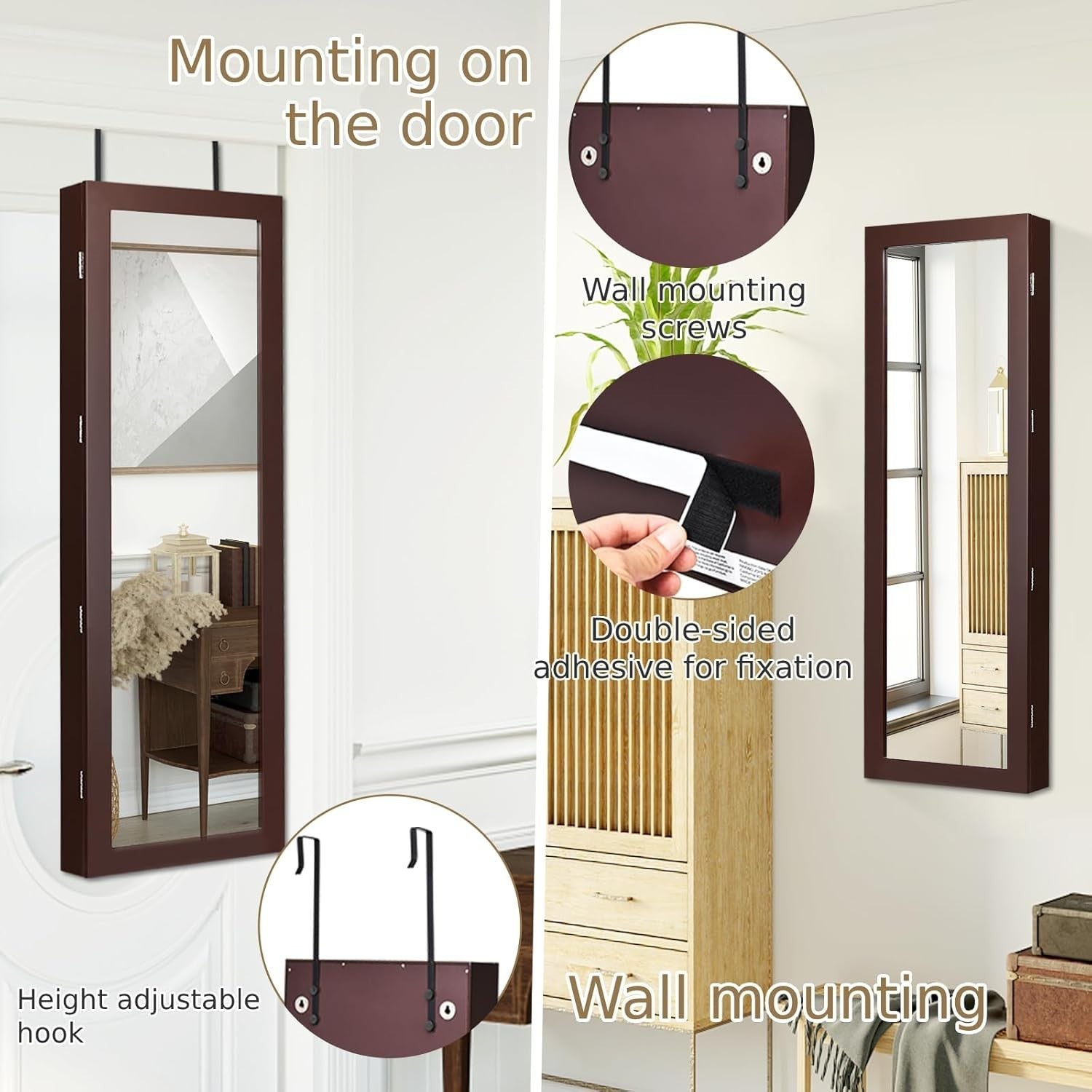 Brown Wall Door Mounted Jewellery Cabinet Lockable Mirror Organizer