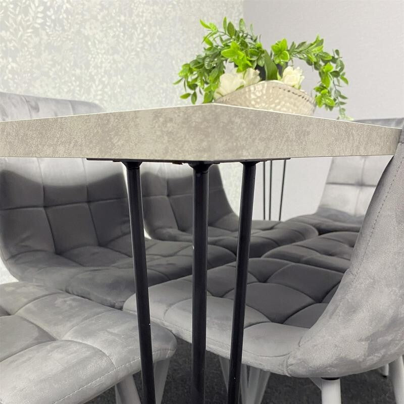 Grey Dining Table Set with 4 Velvet Chairs – Hairpin Legs Modern 4 Seater