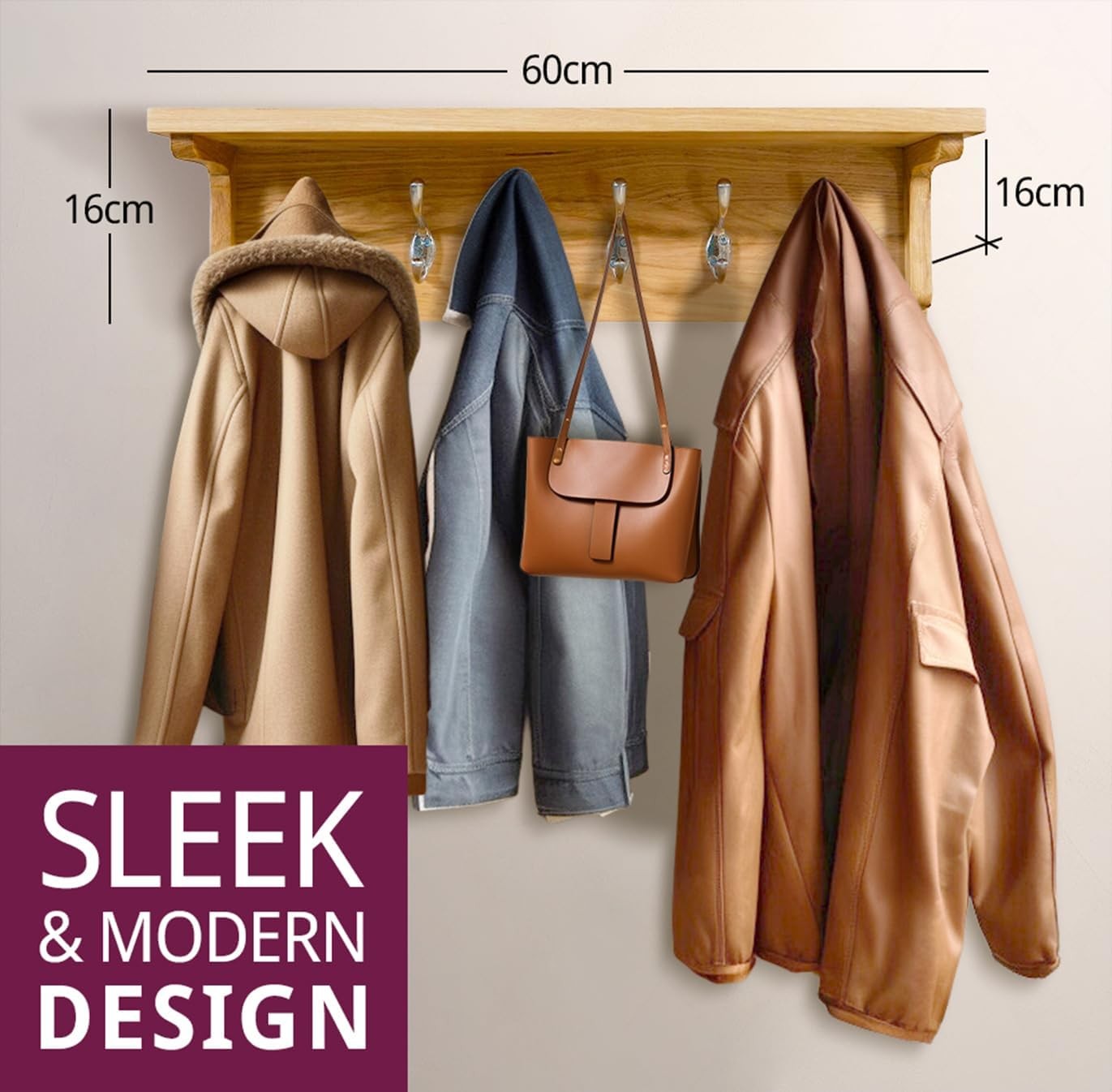 Solid Oak Wall Coat Rack with Shelf | 6 Metal Hooks for Hallway & Entryway