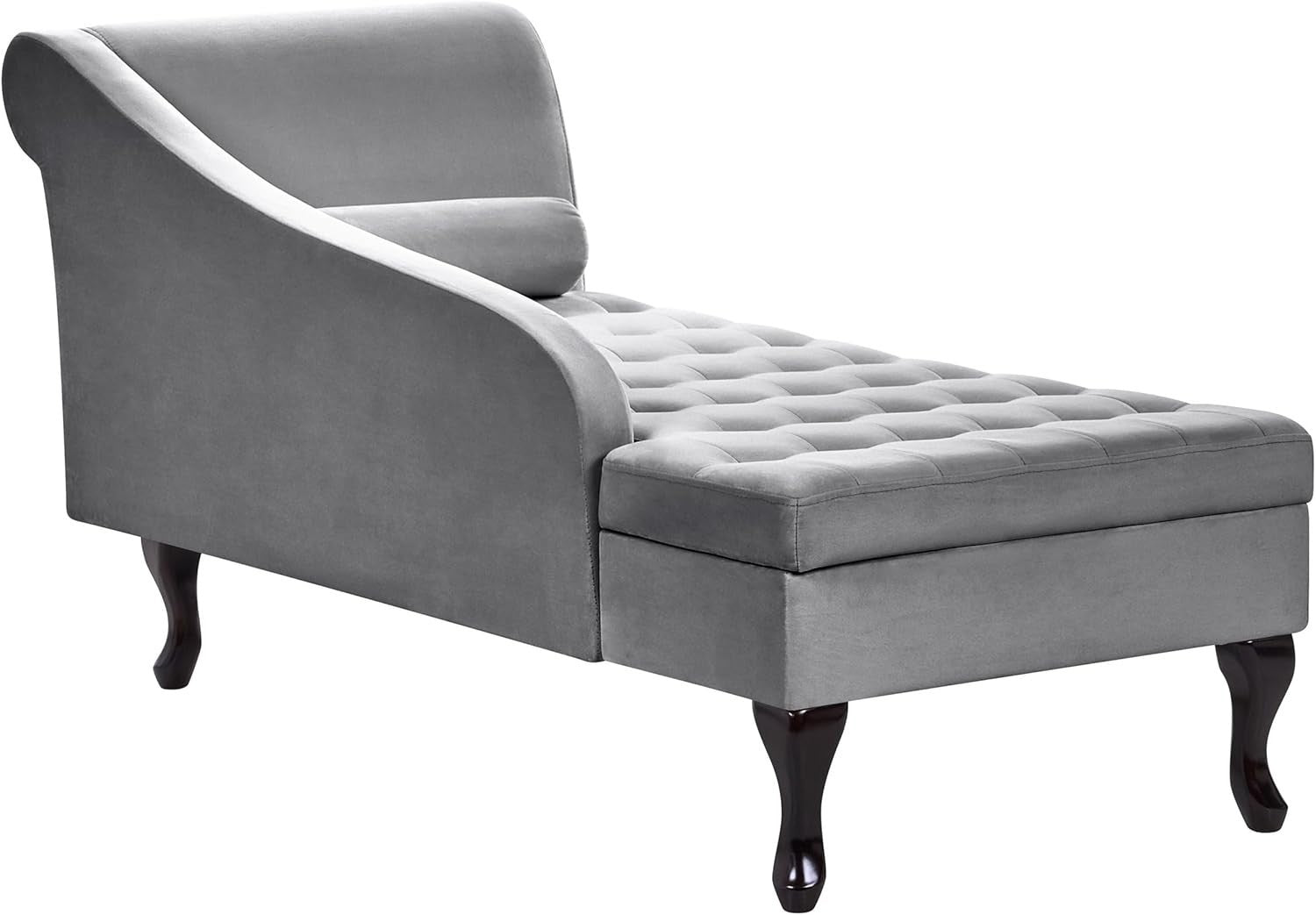 Grey Velvet Storage Chaise Lounge Right-Hand Sofa Seat 133cm Retro Style