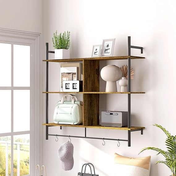 Rustic Ladder Wall Shelf 3-Tier Display Unit with Hooks 104cm Floating Rack