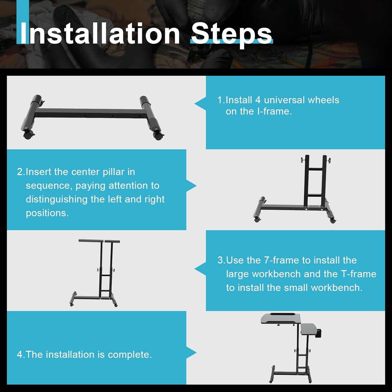 Tattoo Workstation Adjustable 360° Rotating Table Mobile Studio Wheels