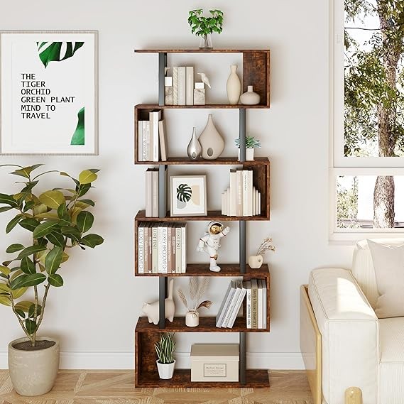 Tall S-Shaped 6-Tier Bookcase Modern Display Shelf Unit for Home Office Storage