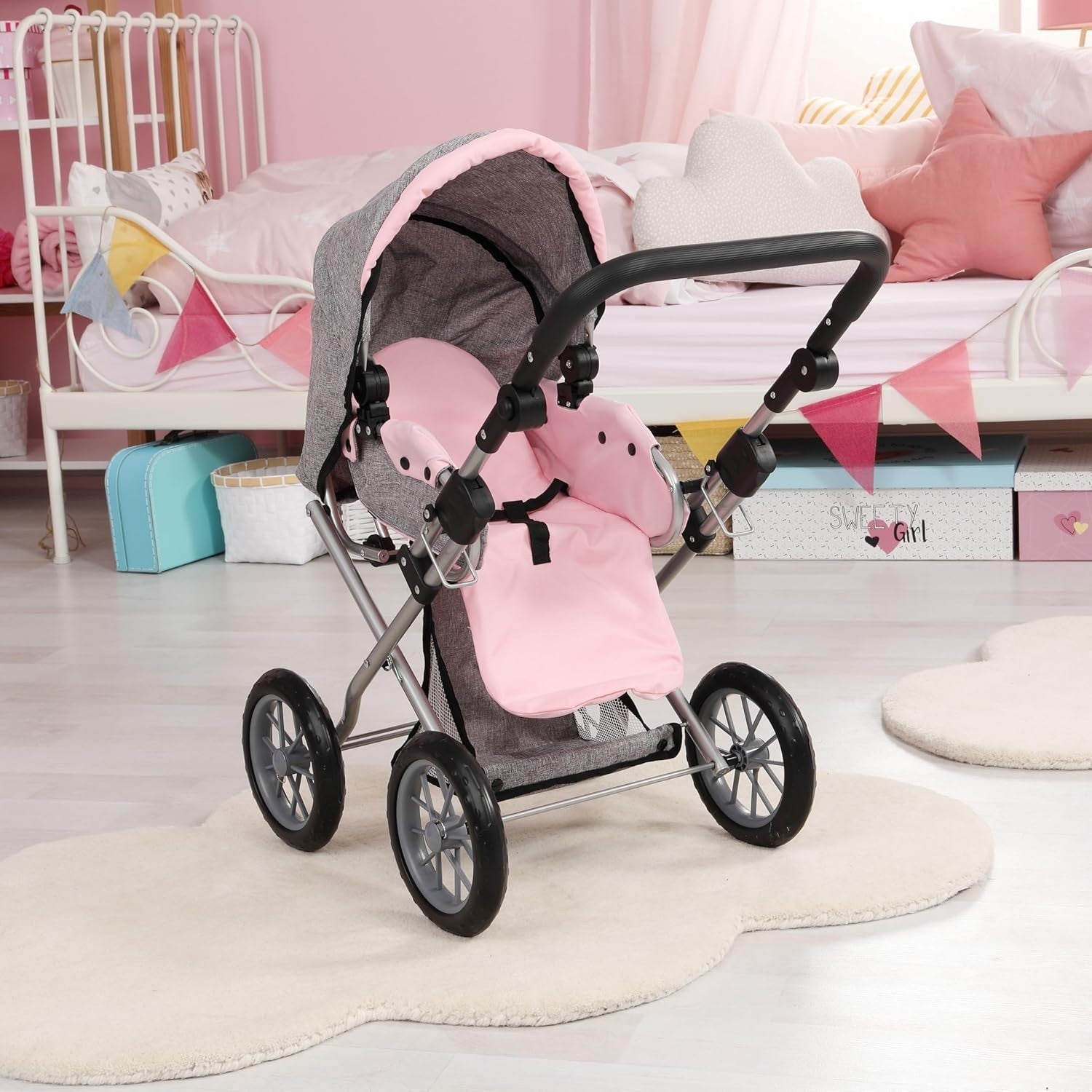 Dolls Pram Pushchair Convertible Foldable Adjustable Handle Basket Bag