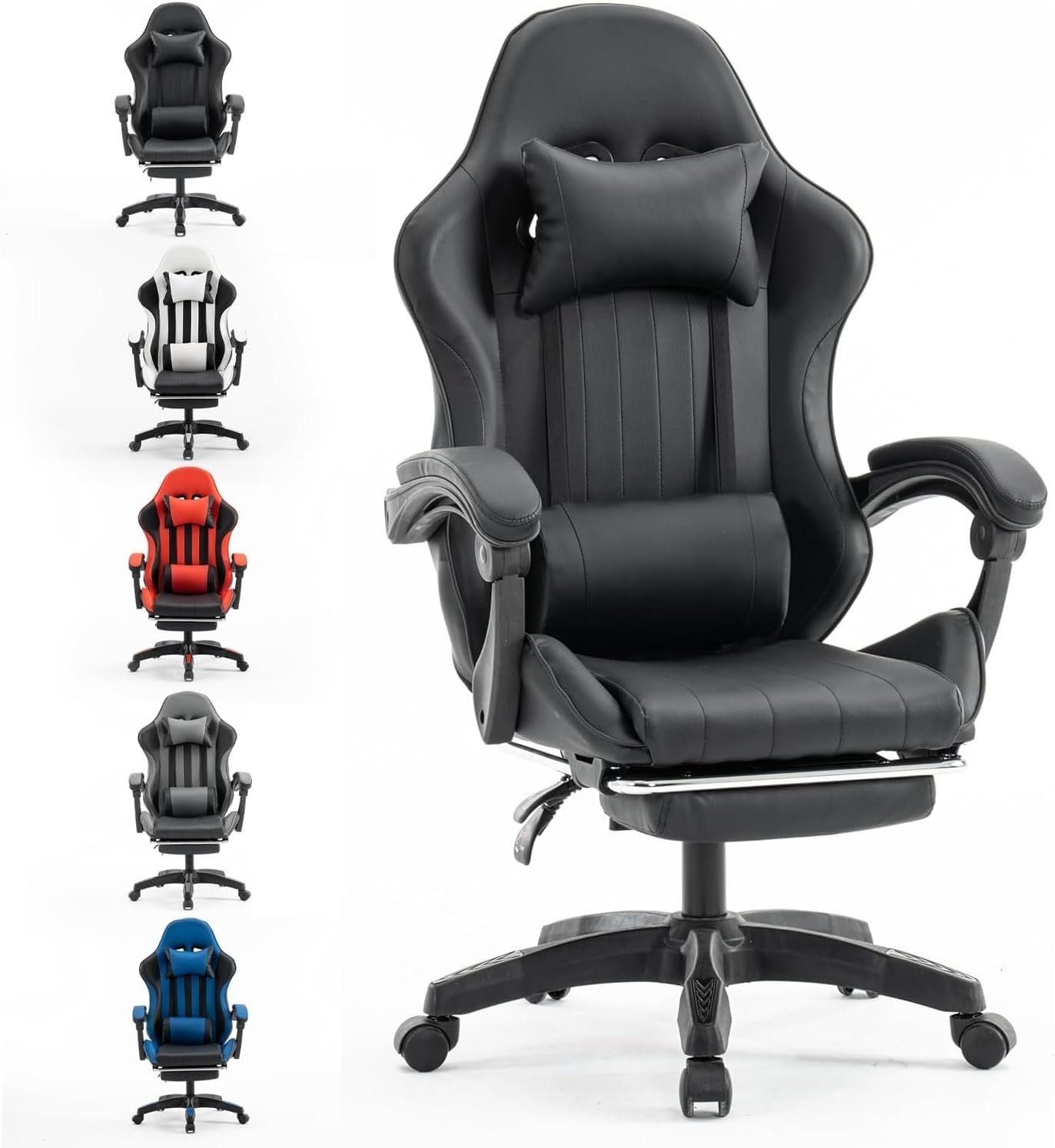 Gaming Chair PU Leather Swivel Office PC Desk Seat Recliner with Footrest Black