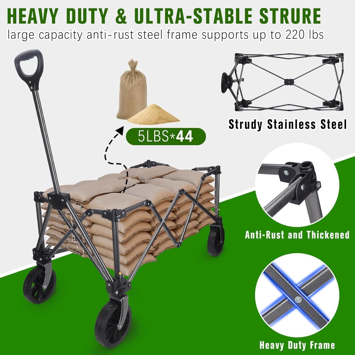 Black Heavy Duty Folding Camping Wagon 120L All-Terrain Festival Trolley 100kg