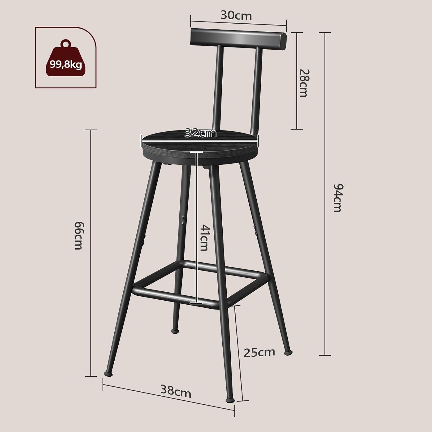 Modern Bar Stools Set of 2 with Backrest & Footrest 32x32x66cm Black