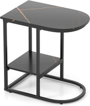 Modern C-Shaped Side Table with Faux Marble Top & Storage Shelf – Slim Overbed S