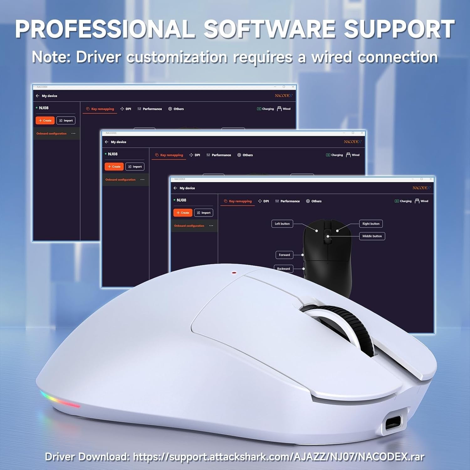 Tri-Mode Wireless Gaming Mouse 12800 DPI 1000Hz RGB White