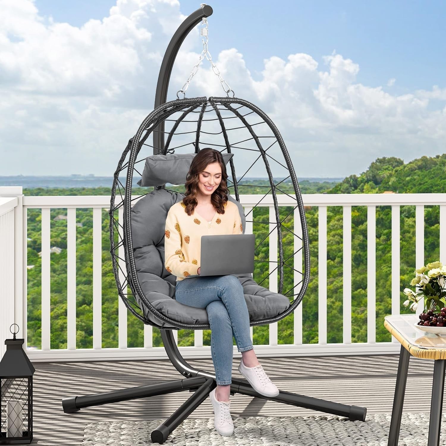 Luxury Rattan Egg Chair with Stand Outdoor Indoor Swing Seat Cushions 195cm