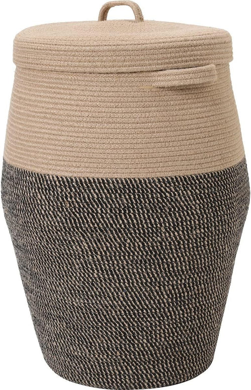 XL 26" Jute/Black Cotton Rope Laundry Basket with Lid Large Woven Storage Bin