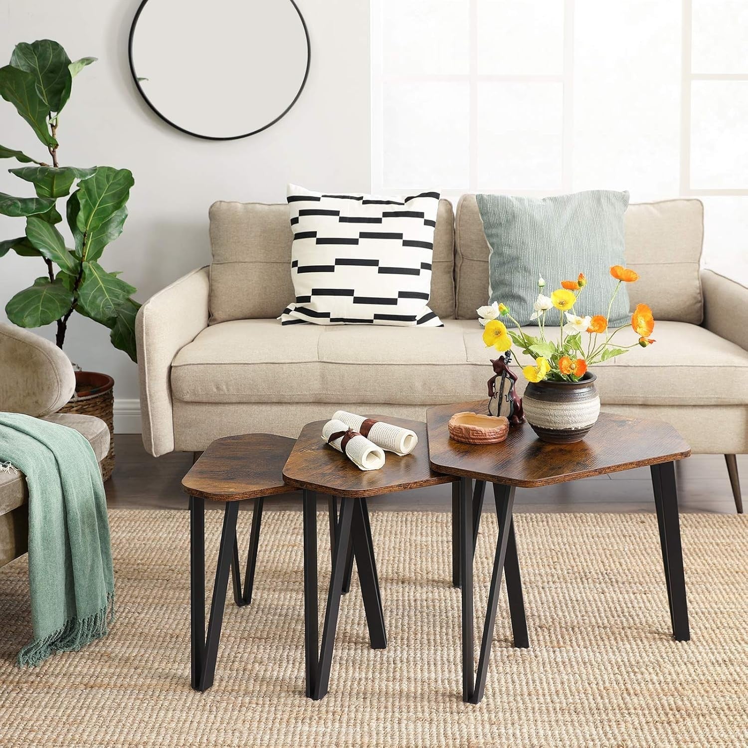 3pc Nesting Coffee Tables Set 51.9cm Industrial Side End Table Rustic Brown