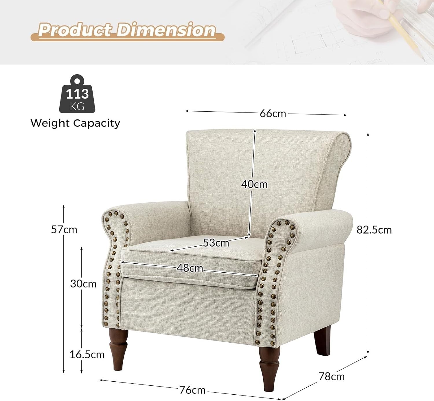 Oatmeal Wingback Armchairs Set of 2 Upholstered Lounge Living Room Chairs